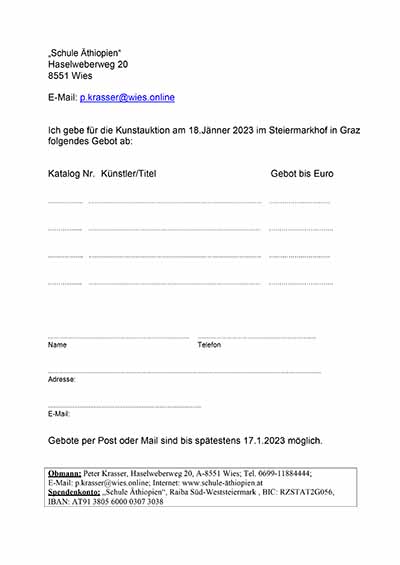 Gebot Kunstauktion Schule Äthiopien 2023