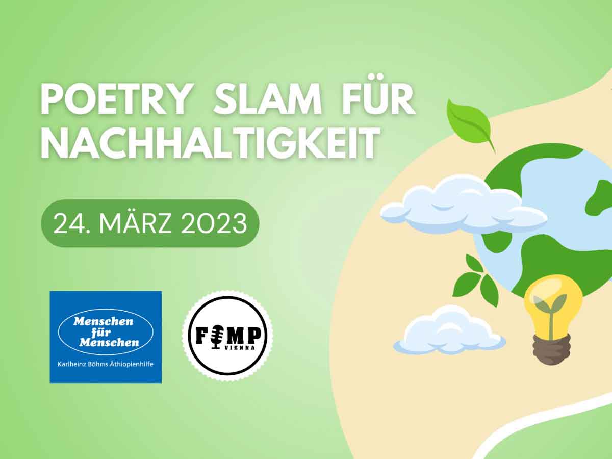 Poetry Slam Ankündigung mit Grafiken einer Erdkugel und Blättern