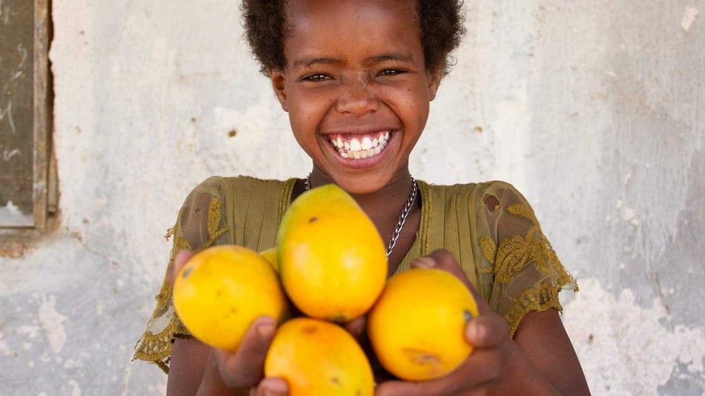Ein äthiopisches Mädchen hält lachend ein paar frische Mangos in die Kamera