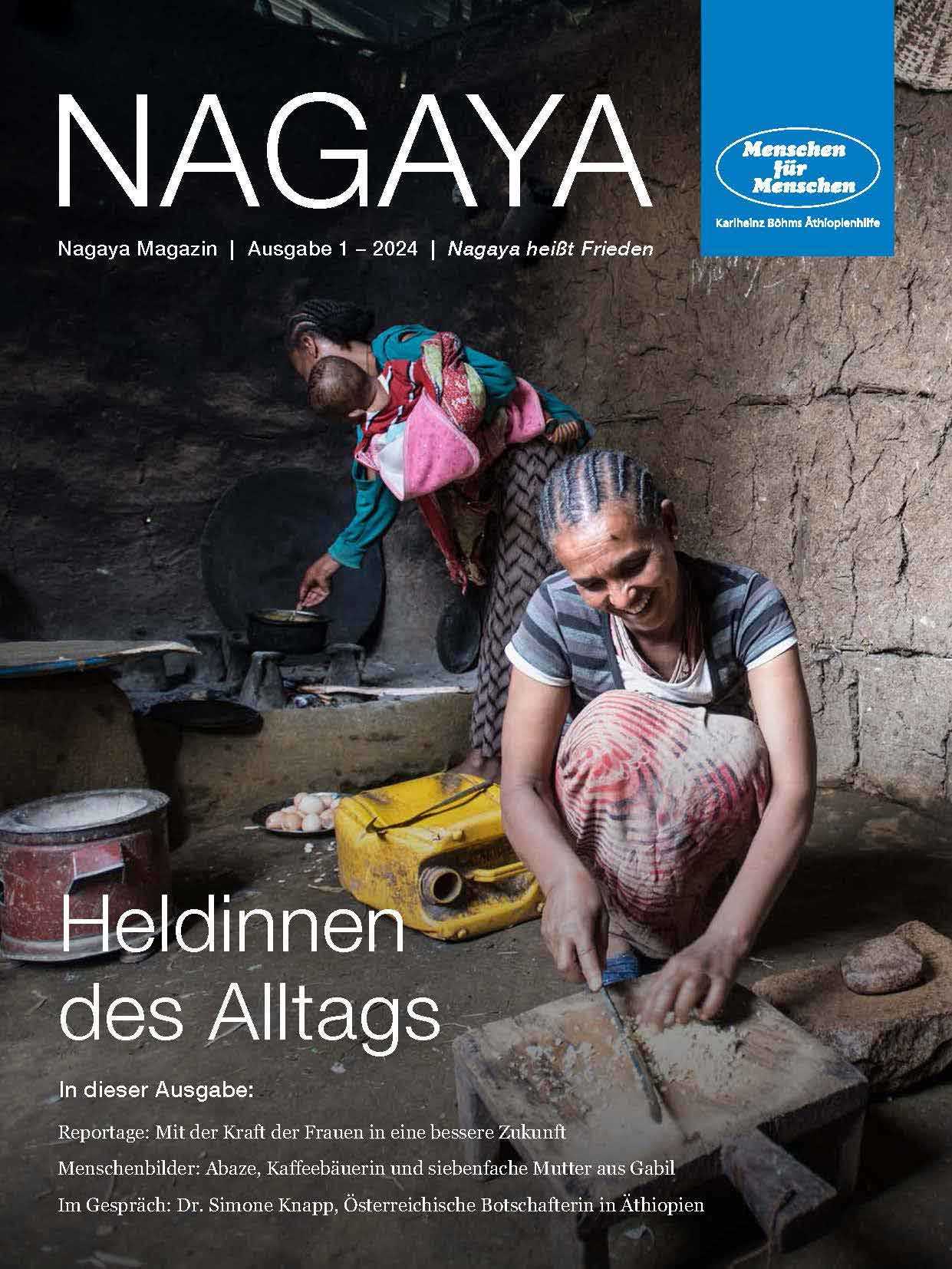 Cover des Nagaya Magazins 1/2024 zeigt zwei äthiopische Frauen. Eine im Vordergrund, die Zwiebeln schneidet und eine im Hintergrund mit einem Baby im Arm, die vor einer traditionellen Feuerstelle steht