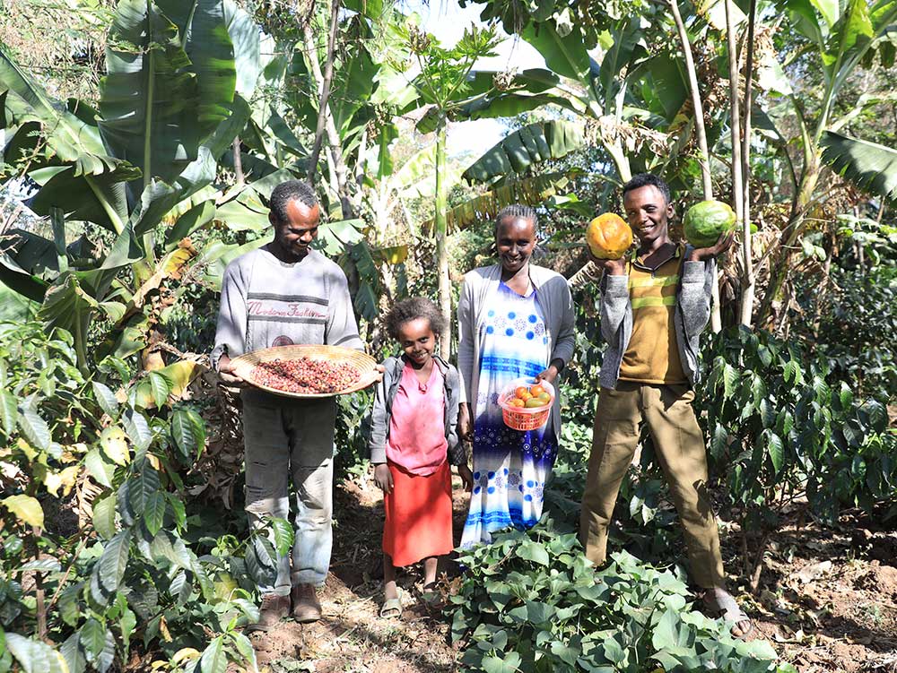 Eine Familie steht in einem grünen Feld und hält Obst und Gemüse in den Händen-