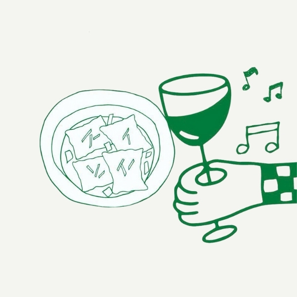 Illustration eines Tellers mit Maultaschen und einem Glas Wein.