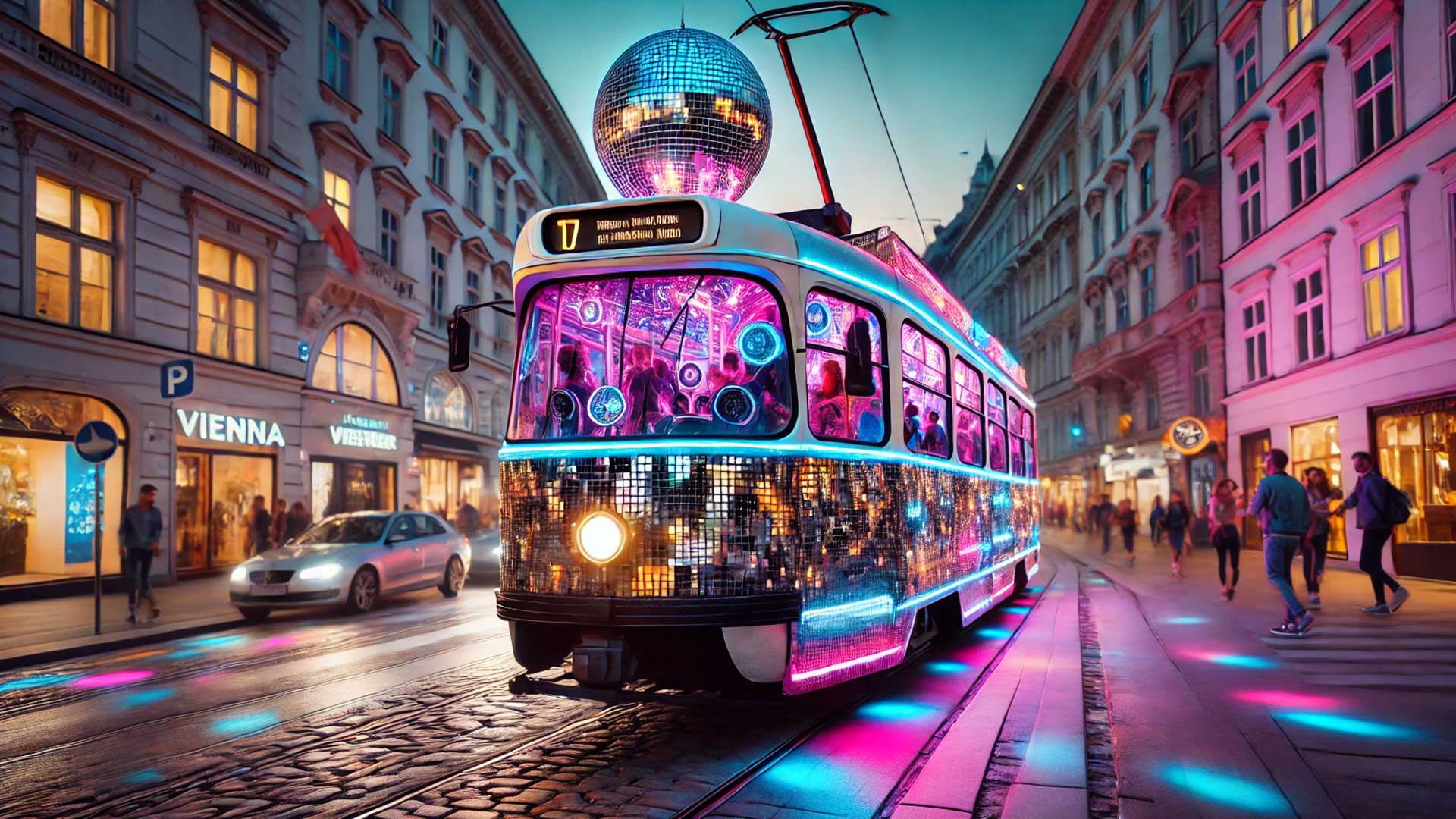 KI-generiertes Bild einer Disco-Straßenbahn (Dall-E).