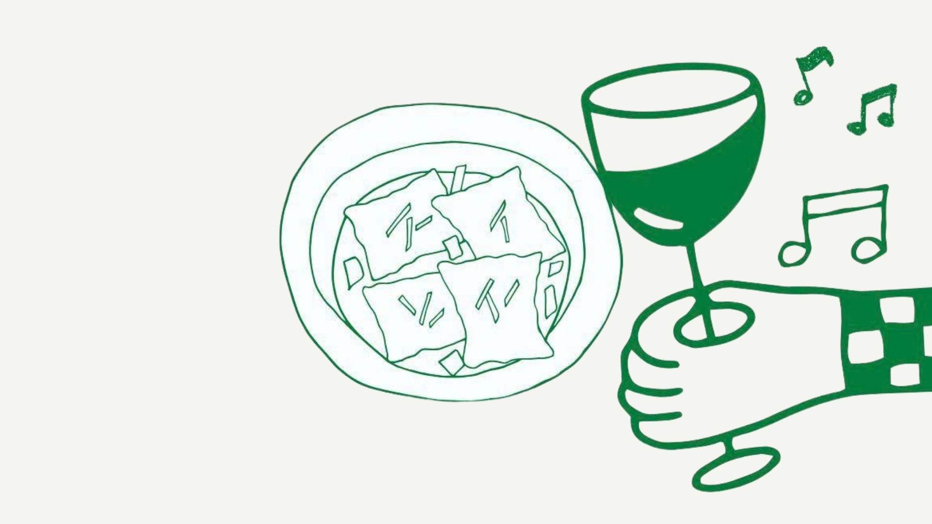 Illustration eines Tellers mit Maultaschen und einem Glas Wein.