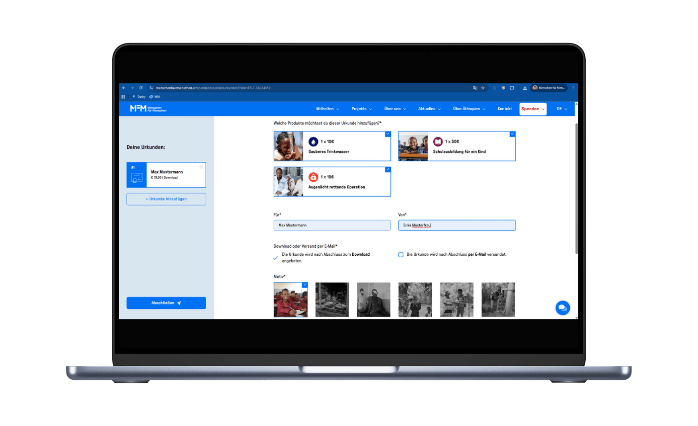 Screenshot der Urkundenerstellung nach einer Spende über die Spendenbox von Menschen für Menschen