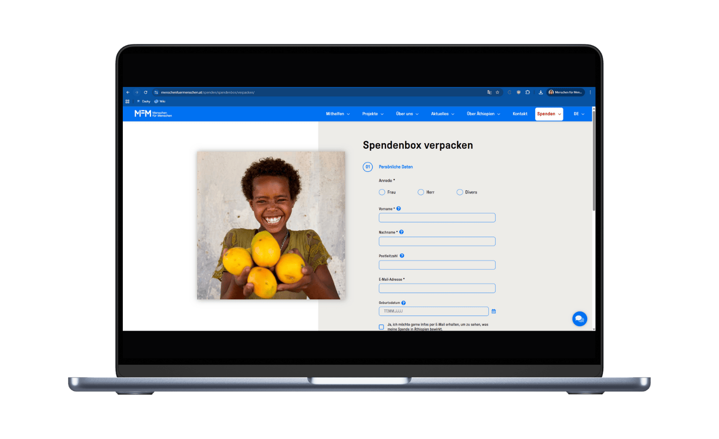 Screenshot des Formulars nach Befüllung des Warenkorbes in der Spendenbox von Menschen für Menschen