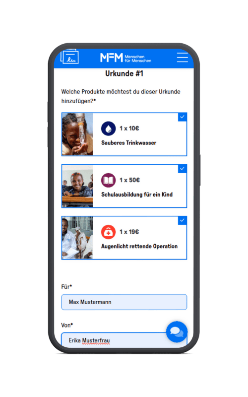 Screenshot der Urkundenerstellung nach einer Spende über die Spendenbox von Menschen für Menschen