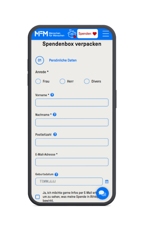 Screenshot des Formulars nach Befüllung des Warenkorbes in der Spendenbox von Menschen für Menschen
