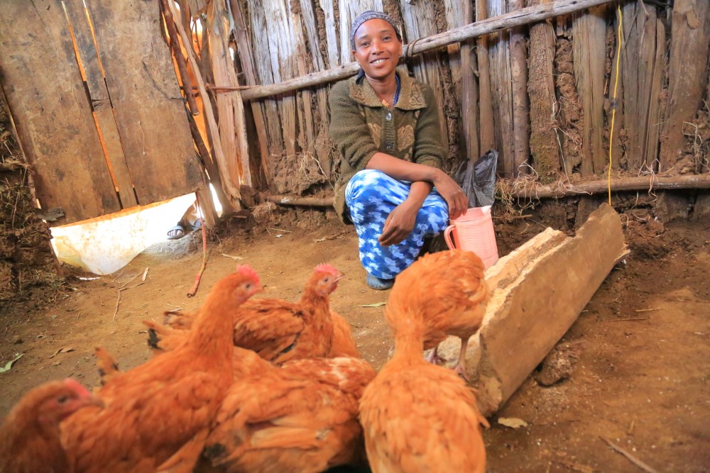 Eine glückliche Frau kniet in Äthiopien bei ihrer Hühnerschar