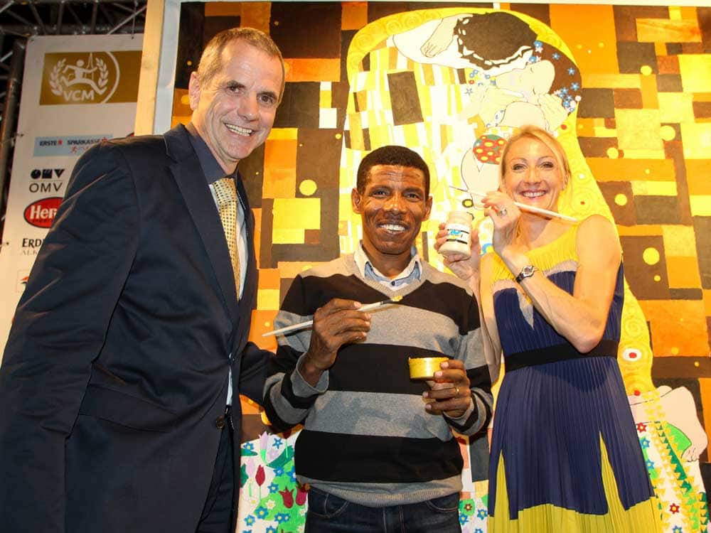 Haile Gebrselassie mit Vienna City Marathon Veranstaler Wolfgang Konrad und Marathonläuferin Paula Radcliffe