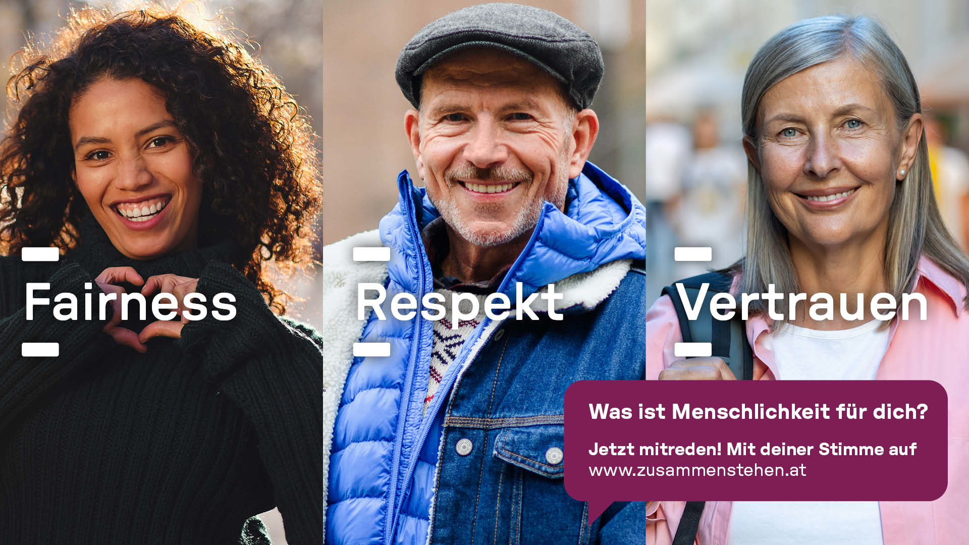 Banner, das in drei vertikale Streifen unterteilt ist. Im linken Streifen lächelt eine junge, lockige Frau, die mit ihren Händen ein Herz formt. Darunter steht der Text