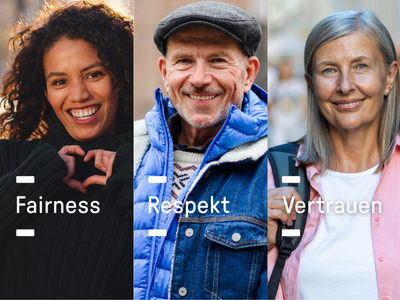 Banner, das in drei vertikale Streifen unterteilt ist. Im linken Streifen lächelt eine junge, lockige Frau, die mit ihren Händen ein Herz formt. Darunter steht der Text